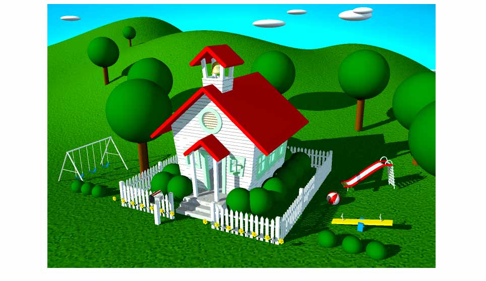 3D Toy Schoolhouse Scene.